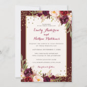 Bourgogne Goud Confetti Bloemen Bruiloft Uitnodigi Kaart (Voorkant)