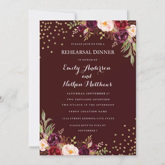 Bourgogne Goud Confetti Bloemen repetitie Diner Kaart (Voorkant)