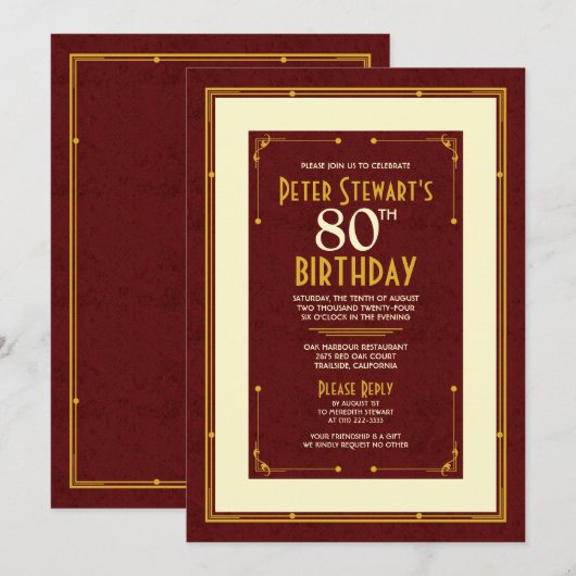 Bourgogne Goud Eenvoudig Man 80e Verjaardag Kaart (Voorkant / Achterkant)