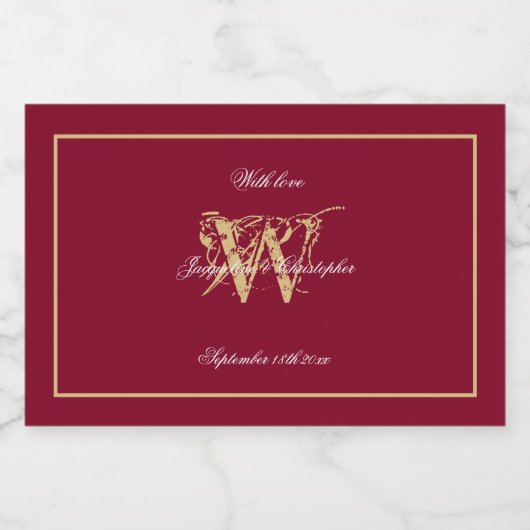 Bourgogne & Goud Elegant Monogram Chique Bruiloft  Likeurfles Etiket (Enkel label)