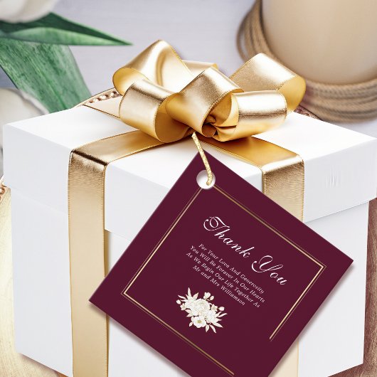 Bourgogne Goud Elegante Bloemen Huwelijk Dank u Bedankjes Labels