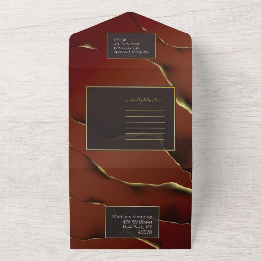 Bourgogne Goud 🌿 Elegante Inky Abstracte bruiloft All In One Uitnodiging (Buitenkant)