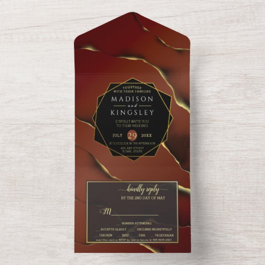 Bourgogne Goud 🌿 Elegante Inky Abstracte bruiloft All In One Uitnodiging (Binnen)