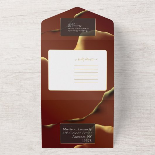 Bourgogne Goud 🌿 Elegante Inky Abstracte bruiloft All In One Uitnodiging (Buitenkant)