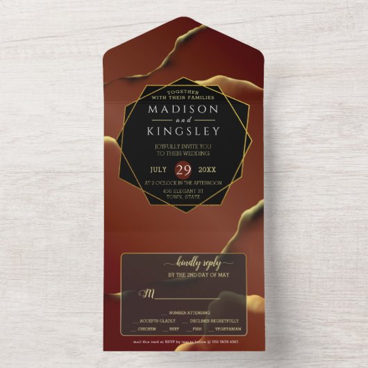 Bourgogne Goud 🌿 Elegante Inky Abstracte bruiloft All In One Uitnodiging (Binnen)