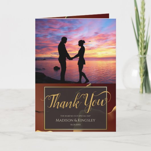 🤵 Bourgogne Goud Elegante Inky Abstracte bruiloft Bedankkaart (Voorkant)