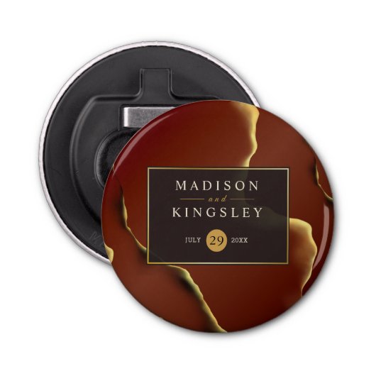 🤵 Bourgogne Goud Elegante Inky Abstracte bruiloft Button Flesopener (Voorkant)