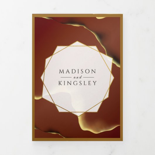 Bourgogne Goud 🌿 Elegante Inky Abstracte bruiloft Drieluik Uitnodiging (Cover)