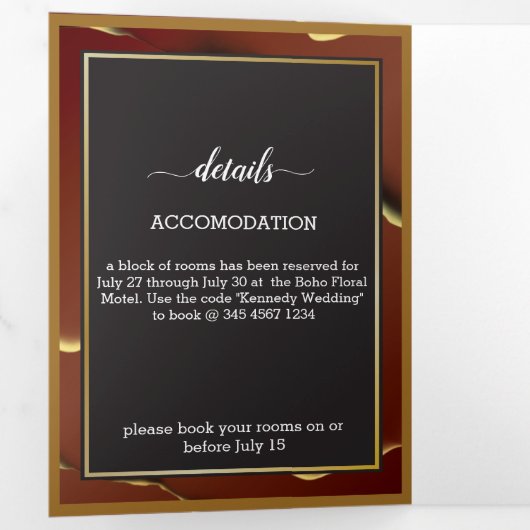 Bourgogne Goud 🌿 Elegante Inky Abstracte bruiloft Drieluik Uitnodiging (Binnenzijde eerst)