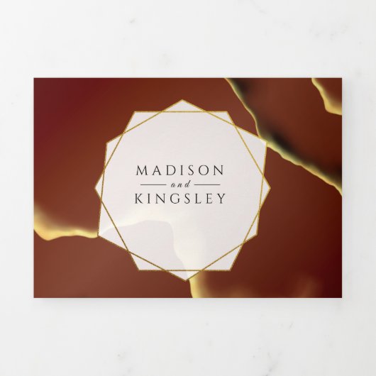Bourgogne Goud 🌿 Elegante Inky Abstracte bruiloft Drieluik Uitnodiging (Cover)