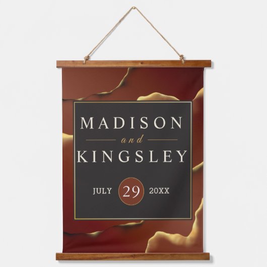 Bourgogne Goud 🌿 Elegante Inky Abstracte bruiloft Hangend Wandkleed (Voorkant)