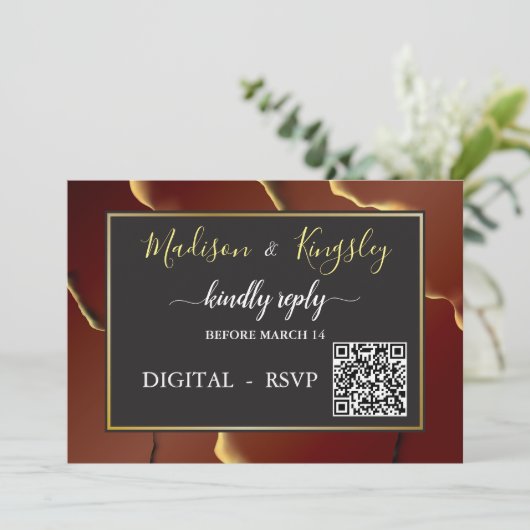 🤵 Bourgogne Goud Elegante Inky Abstracte bruiloft Kaart (Staand voorkant)