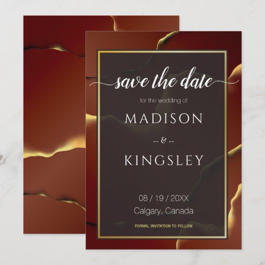 🤵 Bourgogne Goud Elegante Inky Abstracte bruiloft Kaart (Voorkant / Achterkant)