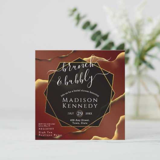 🤵 Bourgogne Goud Elegante Inky Abstracte bruiloft Kaart (Staand voorkant)