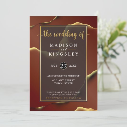 Bourgogne Goud 🌿 Elegante Inky Abstracte bruiloft Kaart (Staand voorkant)