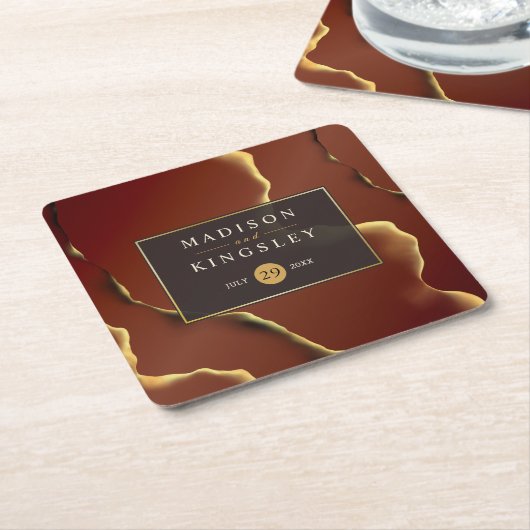 🤵 Bourgogne Goud Elegante Inky Abstracte bruiloft Kartonnen Onderzetters (Schuin)
