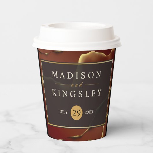 🤵 Bourgogne Goud Elegante Inky Abstracte bruiloft Papieren Bekers (Achterkant)