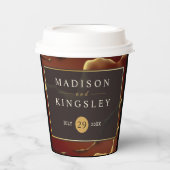 🤵 Bourgogne Goud Elegante Inky Abstracte bruiloft Papieren Bekers (Voorkant)