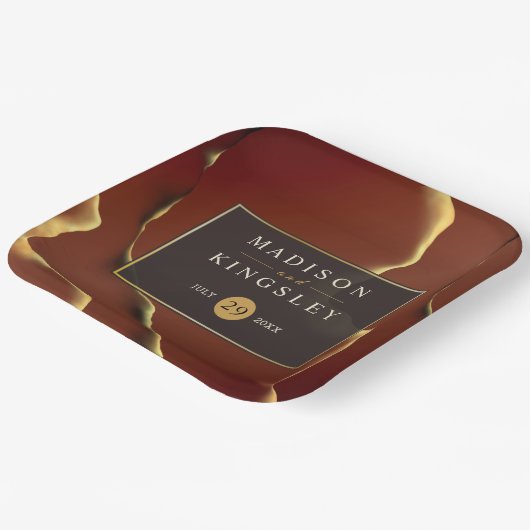 🤵 Bourgogne Goud Elegante Inky Abstracte bruiloft Papieren Bordje (Gebogen)