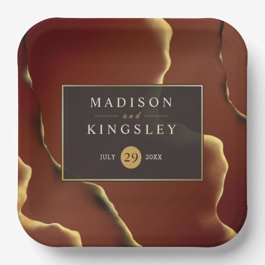 🤵 Bourgogne Goud Elegante Inky Abstracte bruiloft Papieren Bordje (Voorkant)