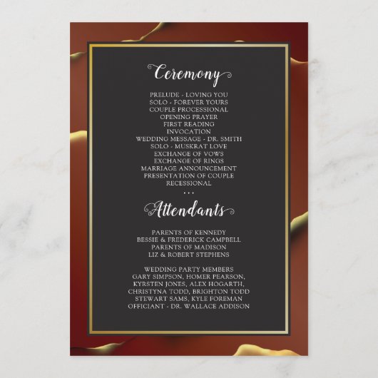 🤵 Bourgogne Goud Elegante Inky Abstracte bruiloft Programmakaart (Achterkant)