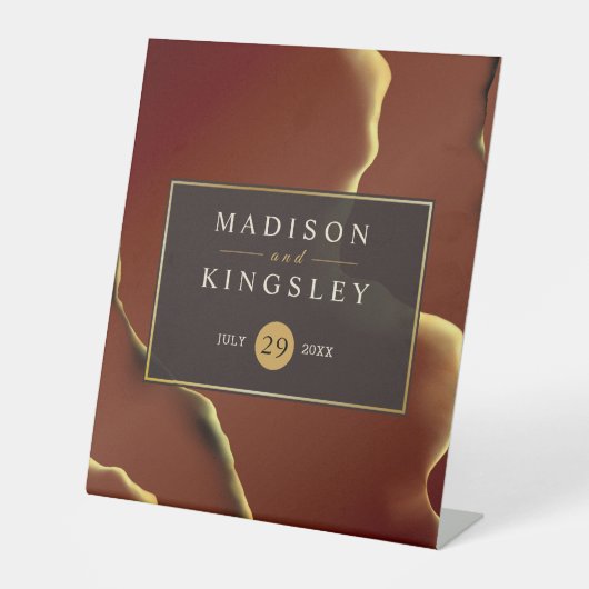 🤵 Bourgogne Goud Elegante Inky Abstracte bruiloft Reclamebord Met Voetstuk (Voorkant)