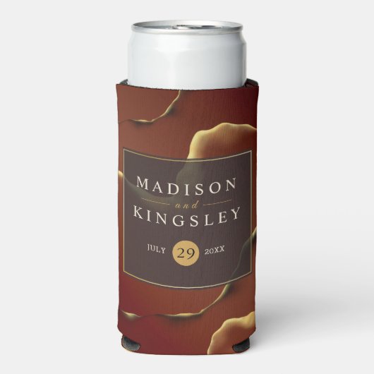 🤵 Bourgogne Goud Elegante Inky Abstracte bruiloft Seltzer Blikjeskoeler (Seltzer Voorkant)