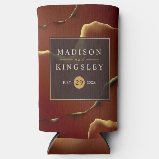 🤵 Bourgogne Goud Elegante Inky Abstracte bruiloft Seltzer Blikjeskoeler (Voorkant)