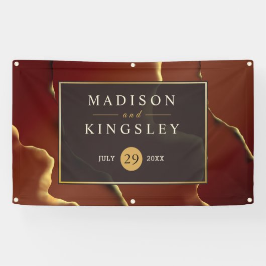 🤵 Bourgogne Goud Elegante Inky Abstracte bruiloft Spandoek (Horizontaal)