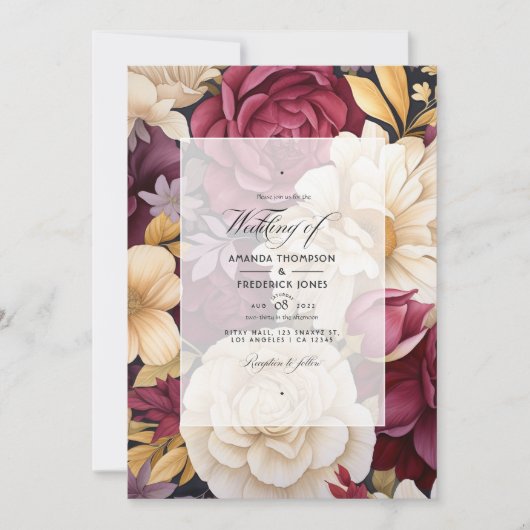 Bourgogne, Goud en Ivoor Bloemen Herfst Bruiloft Kaart (Voorkant)