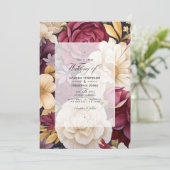 Bourgogne, Goud en Ivoor Bloemen Herfst Bruiloft Kaart (Staand voorkant)