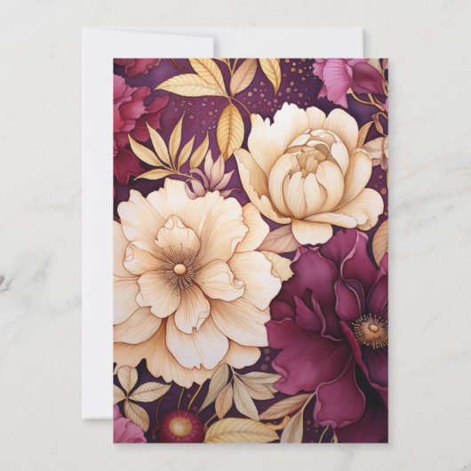 Bourgogne, Goud en Ivoor Bloemen Herfst Bruiloft Kaart (Achterkant)