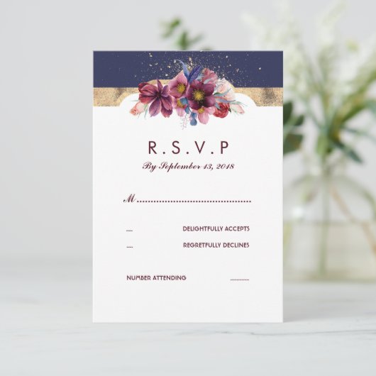 Bourgogne Goud en Marsala Bruiloft RSVP Bloemen (Staand voorkant)