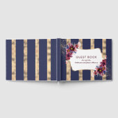 Bourgogne Goud en Navy Bloemen Strepen Bruiloft Gastenboek (Volledig)