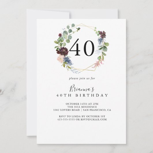 Bourgogne Goud Geometrisch 40e Verjaardagsfeest Kaart (Voorkant)