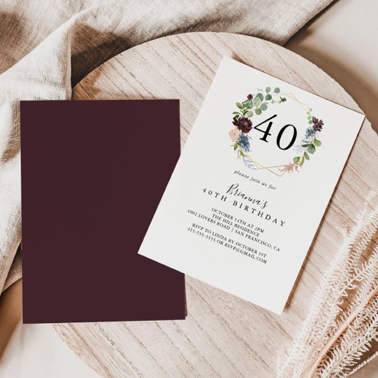 Bourgogne Goud Geometrisch 40e Verjaardagsfeest Kaart