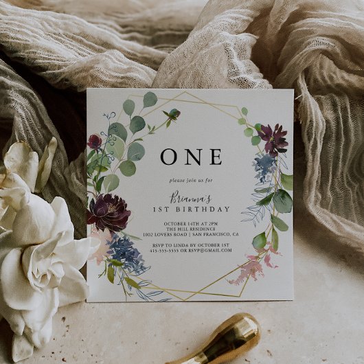 Bourgogne Goud Geometrisch Eerste Verjaardagsfeest Kaart