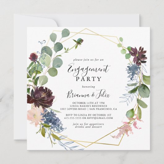 Bourgogne Goud Geometrisch Verlovingsfeest Kaart (Voorkant)