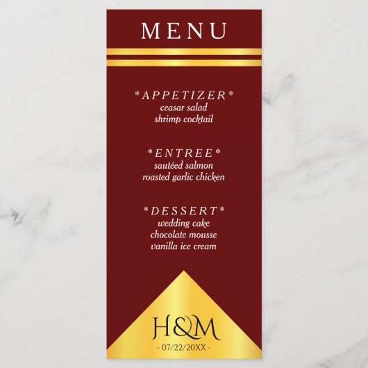 Bourgogne & Goud Geometrische Streep Bruiloft Rece Menu (Voorkant)