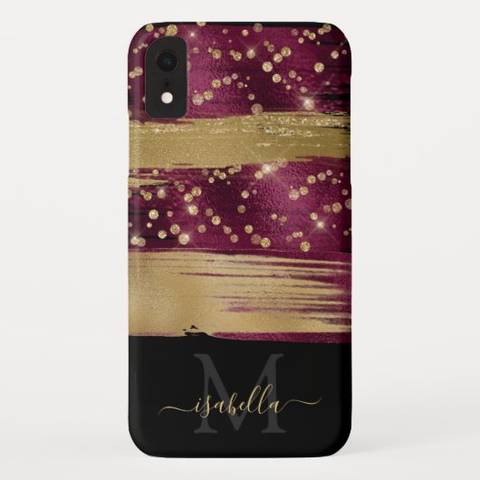 Bourgogne Goud Glitter Script Monogrammed Case-Mate iPhone Case (Achterkant)