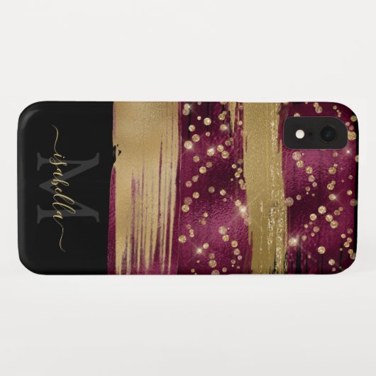 Bourgogne Goud Glitter Script Monogrammed Case-Mate iPhone Case (Achterkant (horizontaal))