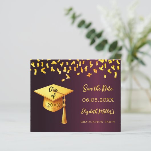 Bourgogne goud Graduation Party Save the Date kaar (Staand voorkant)