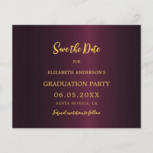 Bourgogne goud Graduation Party Save the Date kaar (Achterkant)
