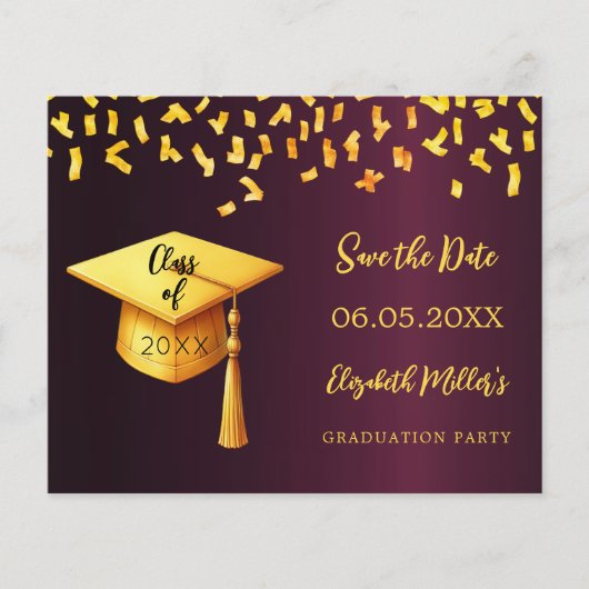 Bourgogne goud Graduation Party Save the Date kaar (Voorkant)