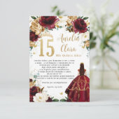 Bourgogne Goud Ivoor Bloemen Quinceañera Gebed Kaa Informatiekaartje (Staand voorkant)