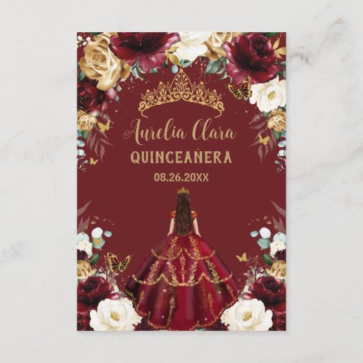 Bourgogne Goud Ivoor Bloemen Quinceañera Gebed Kaa Informatiekaartje (Achterkant)