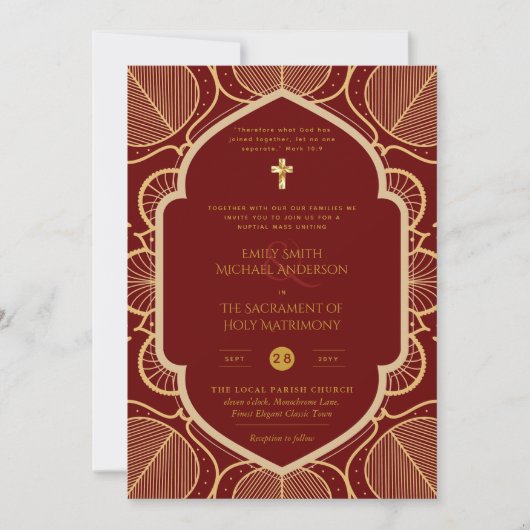 Bourgogne Goud  Katholiek Nuptial Mass Bruiloft Kaart (Voorkant)