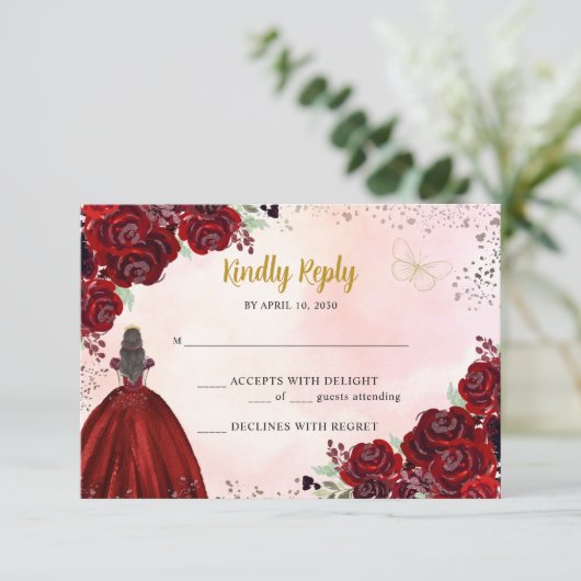 Bourgogne Goud Koper Bloemen Prinses Quinceañera RSVP Kaartje (Staand voorkant)