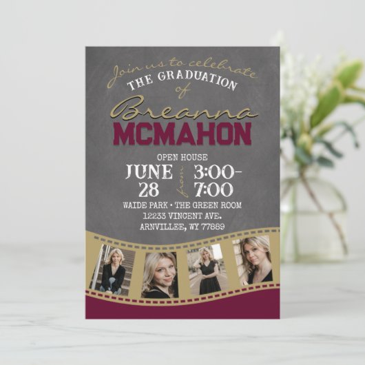 Bourgogne & Goud Krijtbord Filmstrip Afstuderen Kaart (Staand voorkant)