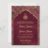 Bourgogne Goud Marokkaanse Arch Moslim Bruiloft Kaart (Voorkant)